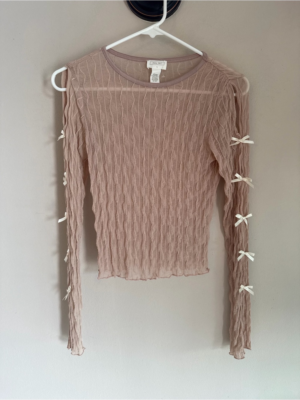 Full Tilt Mauve Sheer Mesh Bow Sleeve Cold Shoulder Top Large Coquette Aesthetic